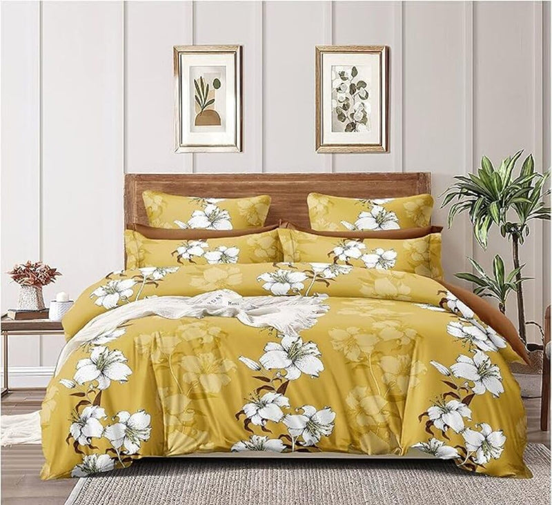 TIB Glace Cotton 78 x 72 Elastic Fitted Bedsheets King Size with 2 Pillow Covers, Pack of 3, Yellow