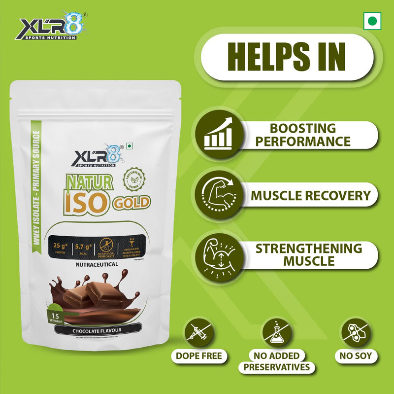 XLR8 Natur Iso Gold Whey Protein Isolate, 25g Protein, 5.7g BCAA, Sweetened with Stevia, VEGETARIAN, ZERO SUGAR, Muscle Support and Recovery. (Chocolate, 500g)