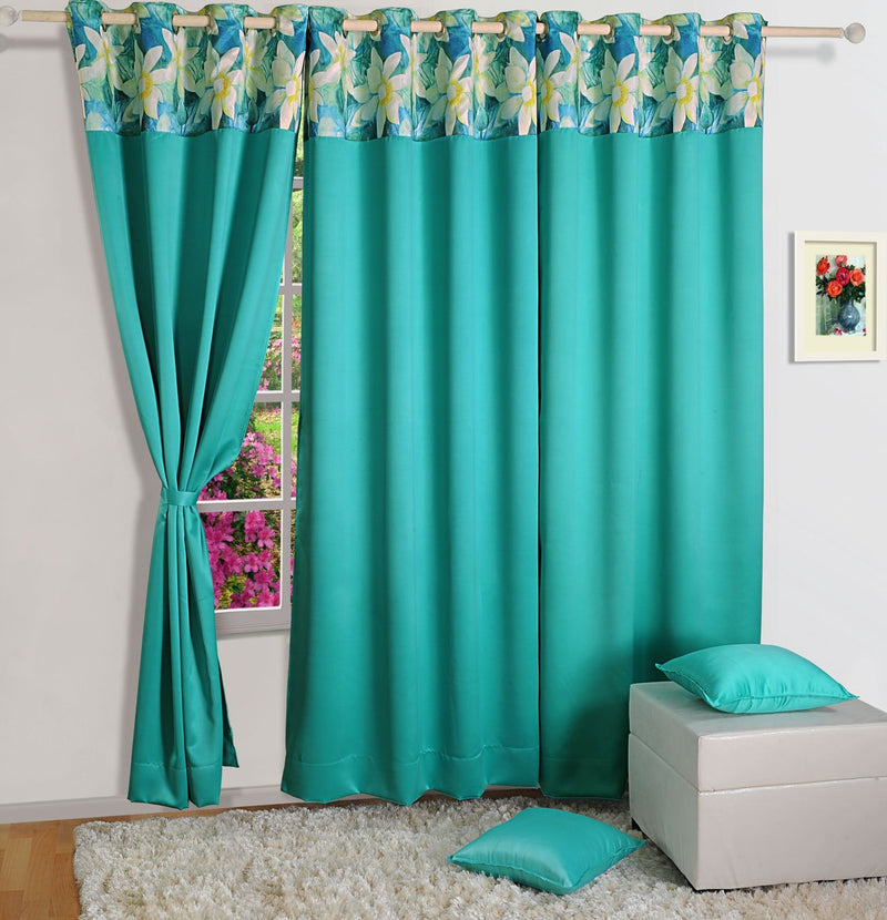 Swayam Floral Design Blackout Curtain for Long Door - 7.5 Feet | Door Curtain Made of Faux Silk with 8 Eyelets - Turquoise