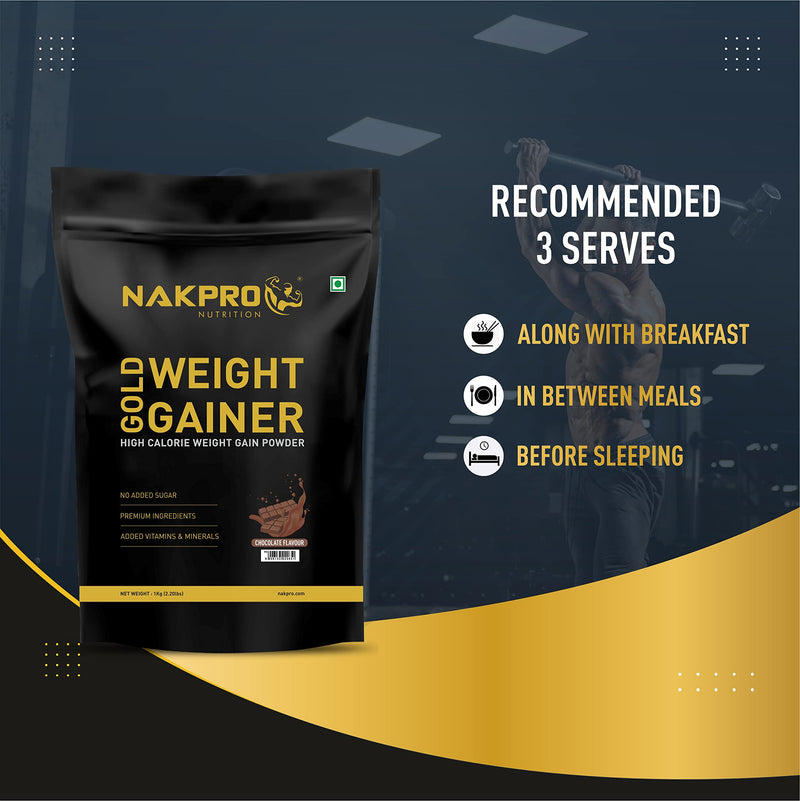 NAKPRO GOLD WEIGHT GAINER| 1 Kg Chocolate Flavour (10 Servings)|High Carbs & Calorie|12g Protein, 80g Carbs|Added Vitamins, Minerals & Digestive Enzymes |Easy Mixing, Digesting Powder for Men & Women