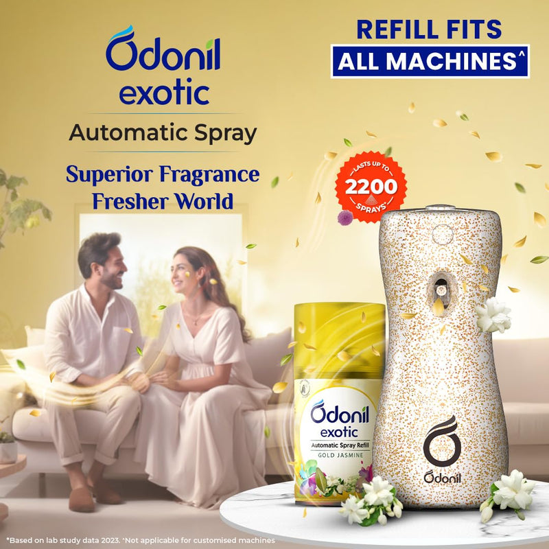 DABUR Odonil Exotic Automatic Spray - 225Ml | Machine + 1 Refill | Gold Jasmine | 2X Long Lasting | 2200 Sprays Guaranteed | Lasts Upto 60 Days