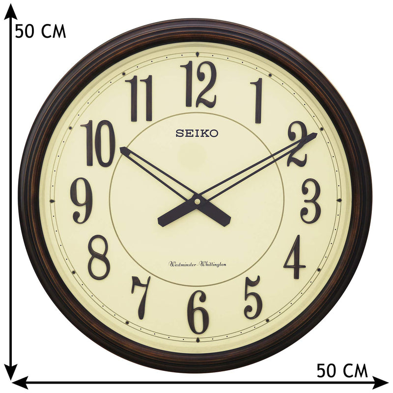 SEIKO Elegant Round Golden Brown Plastic Analog Home Decor Quarter Hour Dual Chimes Wall Clock with Sweep Movement (Size: 50.7 x 7.8 x 50.7 CM | Weight: 2740 gram) QXD212BN