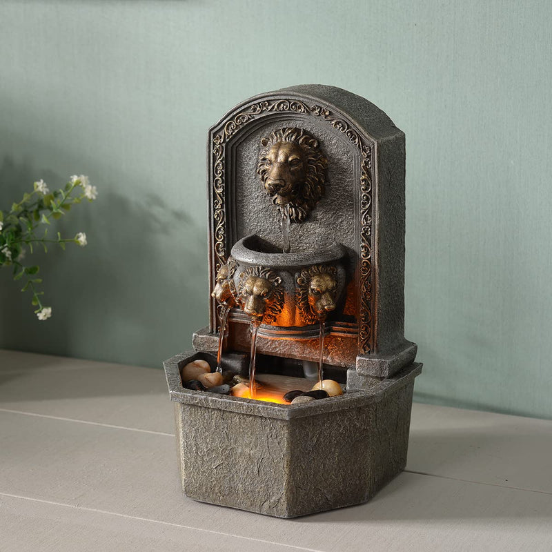 GOSSI 10.3 in Tall Tabletop Fountain Classic Lion Head Polyresin Indoor Zen Waterfall Fountain w/ Cobblestone Soothing Sounds for Office and Home Decor