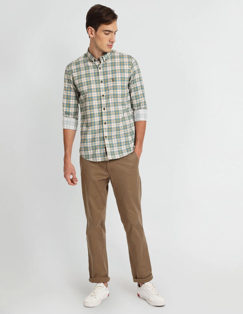 U.S. POLO ASSN. Mens Printed Checks FS Shirts (UDSHTFX0022_KHAKI_XXL)