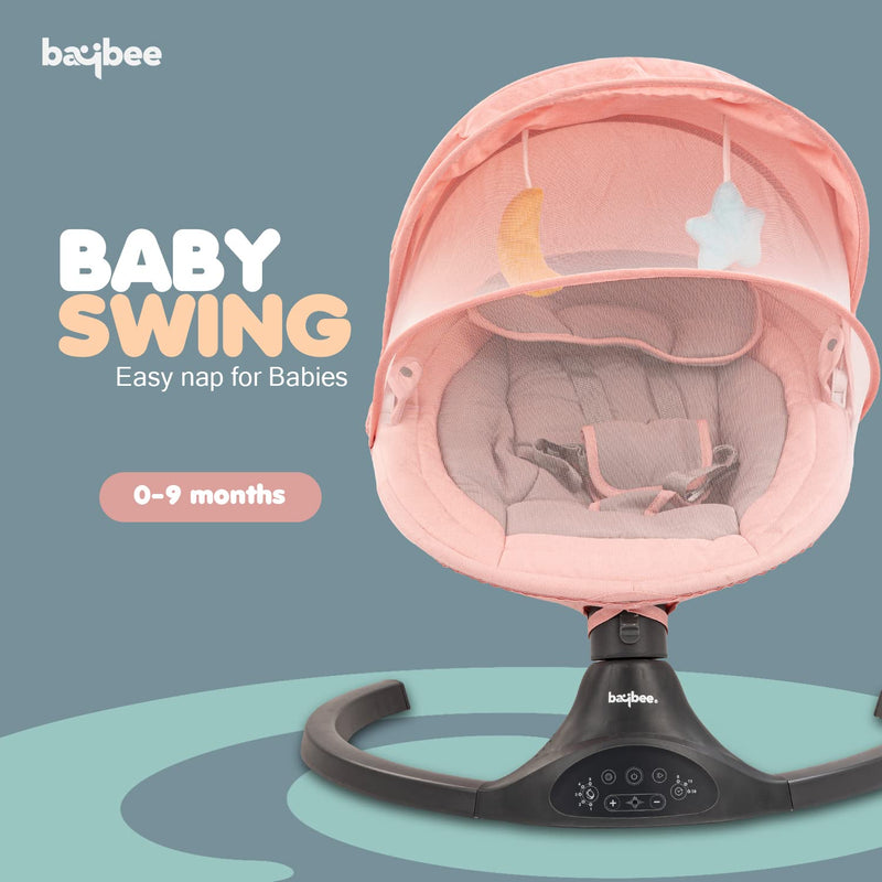 Baybee Premium Automatic Electric Baby Swing Cradle with Adjustable Swing Speed, Soothing Music | Baby Rocker with Mosquito Net, Safety Belt & Removable Baby Toys Swing for Baby (Pink)