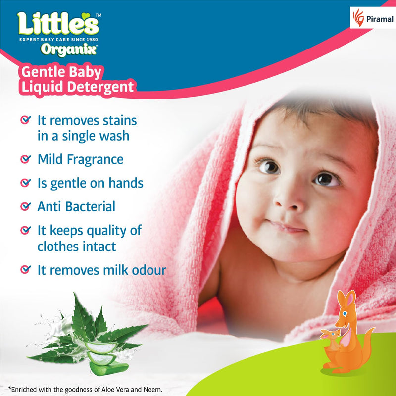 Little's Organix Gentle Baby Liquid Detergent 1 Litre | Enriched with Aloe Vera and Neem extracts | Floral fragrance | Anti-Bacterial | Free from Parabens, Phosphates, Brighteners & Bleach