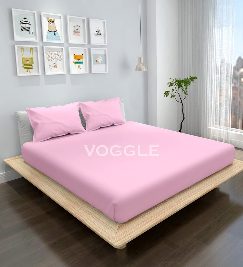 VOGGLE - Home 220 TC Solid Plain Elastic Fitted King Size Glace Cotton Bedsheet with 2 Pillow Covers | Size 72 inch x 78 inch | - Pink