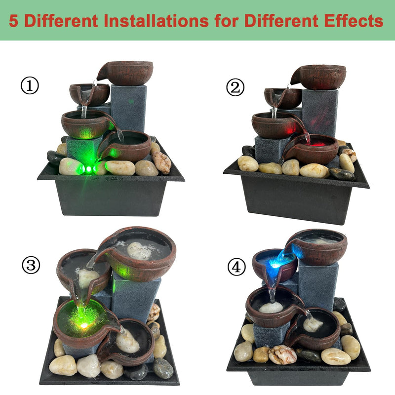 Small Tabletop Waterfall Fountain Zen Meditation Fountain Indoor Desktop Water Fountain with LED Light and Natural River Rocks for Office Home Bedroom