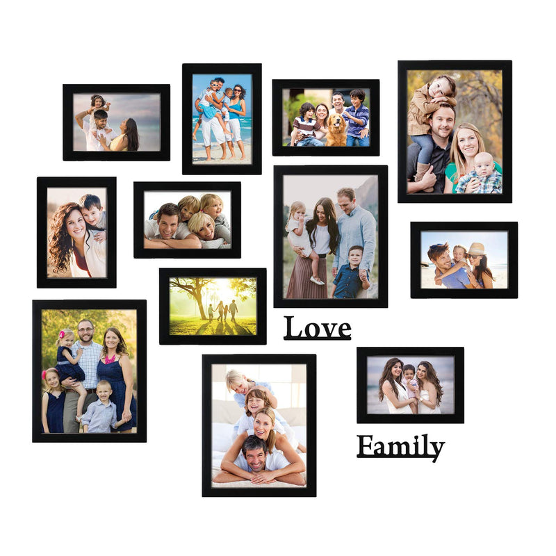 Amazon Brand - Solimo Black Photo Frames Set of 12 ( 5 X 7 inch - 8 Pcs & 8 x 10 inch - 4 pcs) with Two plaque " Family" & "Love"