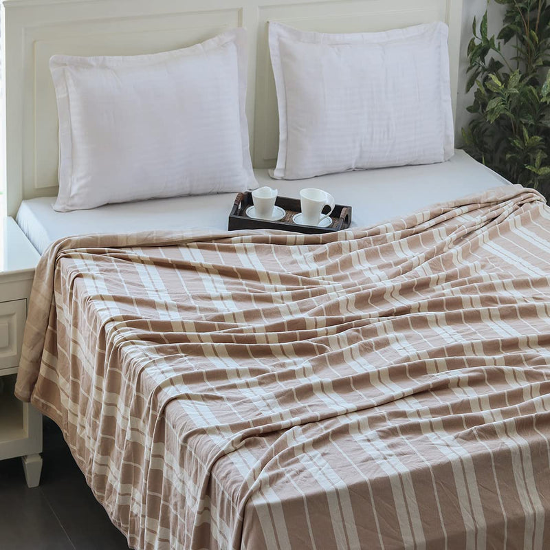 Pluchi Wide Stripe Cotton Knitted Double Bed AC Blankets/Dohar in Natural & Linen Color (229cm x 254cm)