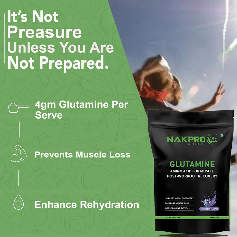 Nakpro L-Glutamine Powder | 4g Glutamine Per Serving, 50 Servings | Post Workout Amino Acid Supplement for Muscle Growth and Recovery (Blueberry, 250g)