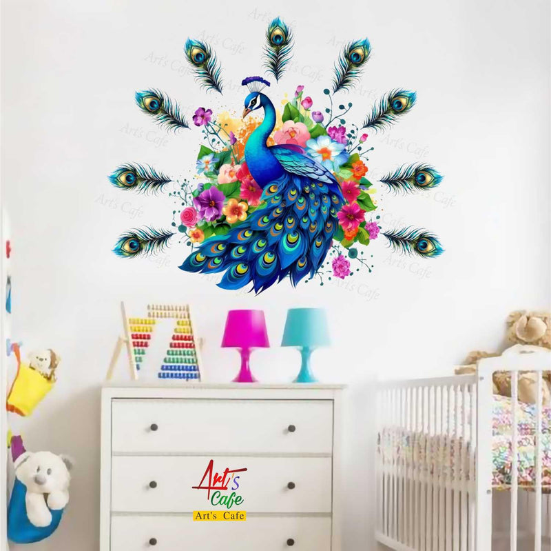 Art's Cafe | Colorful Peacock with Feather (Pankh) and Back Flowers Wall Sticker (24 x 20 inch)