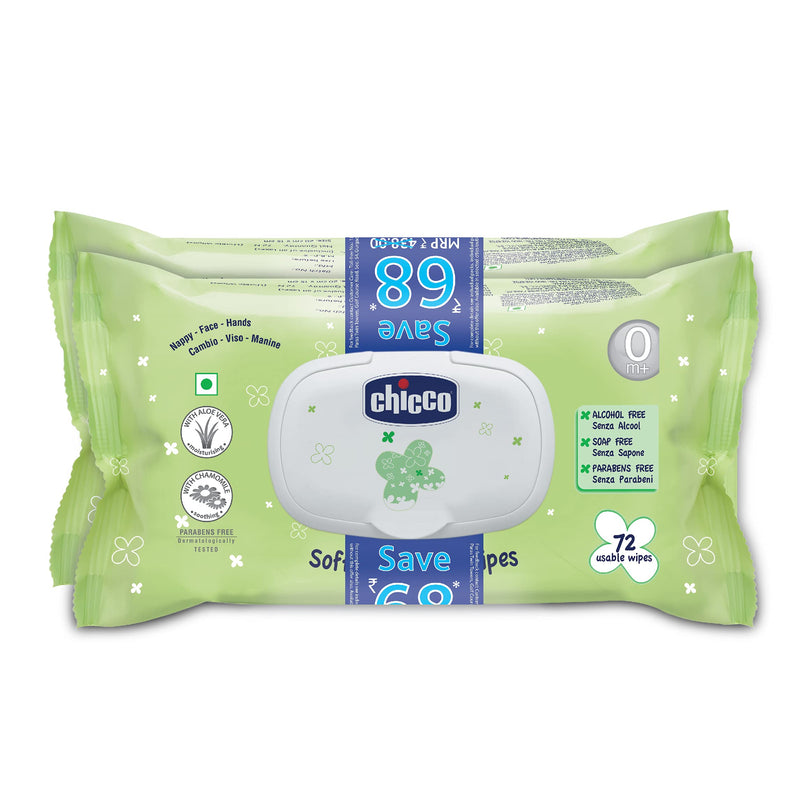 Chicco Baby Moments Soft Cleansing Baby Wipes, Ideal for Nappy, Face and Hand, Dermatologically Tested, Paraben Free, Fliptop Pack (Pack of 2, 72 Sheets per Pack), white