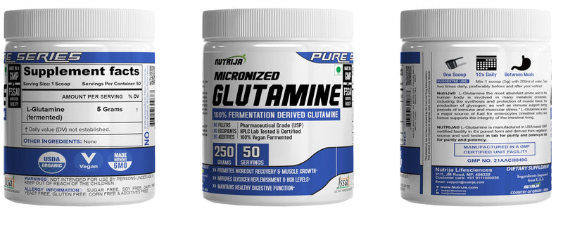 NutriJa Micronized Glutamine Powder, Amino Acid Supplement | Support Muscle Growth & Recovery | 5g Per Serving- 250 grams (Unflavored)