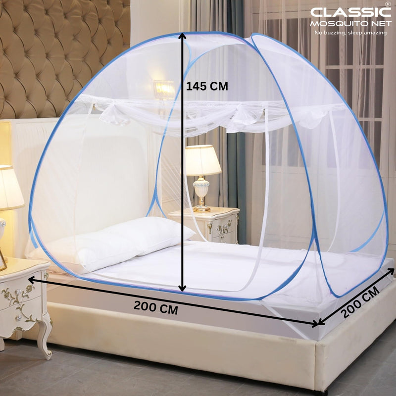 Classic Mosquito Net for Double Bed | King Size Foldable Machardani | Polyester 30GSM Strong Net | PVC Coated Corrosion Resistant Steel Wire - Blue