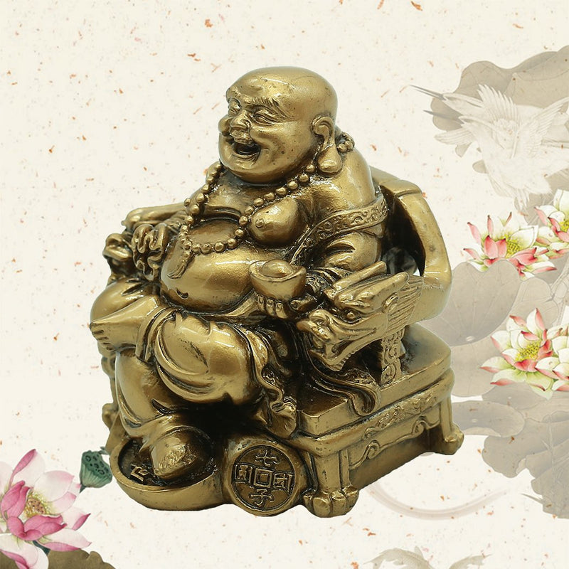 Chinese Handicrafts Resin Laughing Buddha Sitting on Dragon Chair Sculpture Wealth Lucky Statue Home Decoration Gift