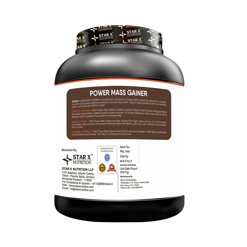 STAR X NUTRITION Power Mass Gainer (Chocolate) - 26G Protein, 130G Carbohydrates, 4.3G Bcaa, (3Kg)