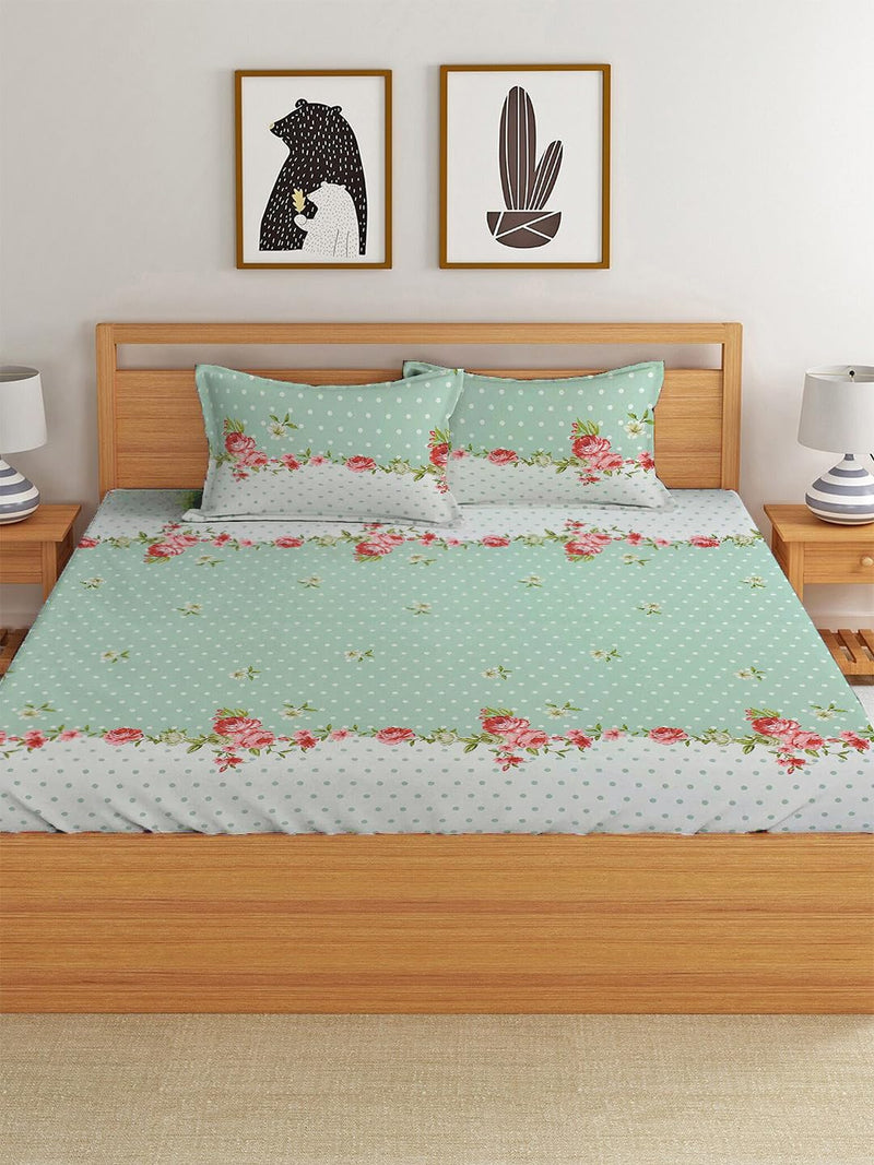 LOOMLYFE Cotton Feel Glace Cotton Elastic Fitted Printed Queen Size Double Bed Bedsheet with 2 Pillow Covers Fits Upto 8 inches Mattress,Size- 60x78x10 Inches,Green Center Flower