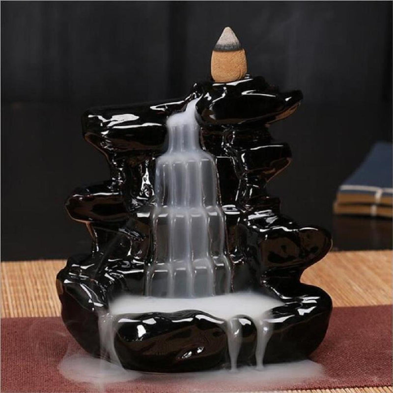 STARDOM MART Dropping Smoke Backflow Cone Fountain Design Decorative Polyresin Incense Holder with 10 Back Flow Incense Cone (10 x 7 x 10 cm, Black)(Conical)