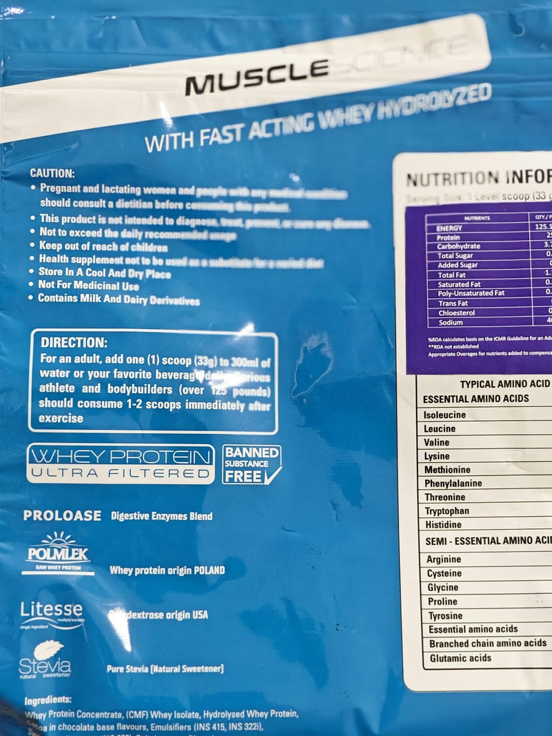 Muscle Science Whey Fusion Hydrolyzed Blend With 25g Protein/Scoop | 5.5 g BCAA | 4.4 g Glutamine | 11.75g EAA | ZERO ADDED SUGAR | Digestive Enzymes | Lean Muscle Protein | Low Carb (CHOCOLATE)