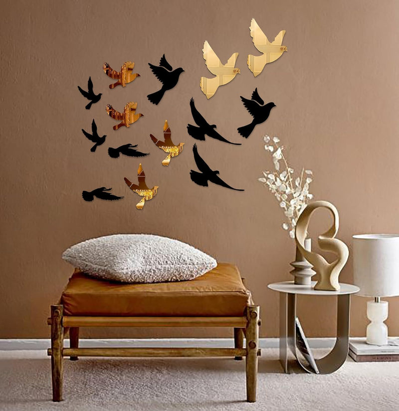 Chote Mote Seller - Birds Golden Mirror Stickers for Wall, Acrylic Mirror, Wall Mirror, 3D Stickers, chidiya Wall Stickers for Room Hall Home and Office (Golden, Pack of 49)