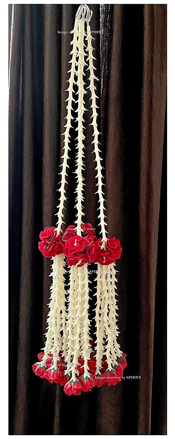 SPHINX artificial rajnigandha (tuberoses) and clustered roses strings for decoration approx. 2.33 ft (Off White/Creamish and red, 6)