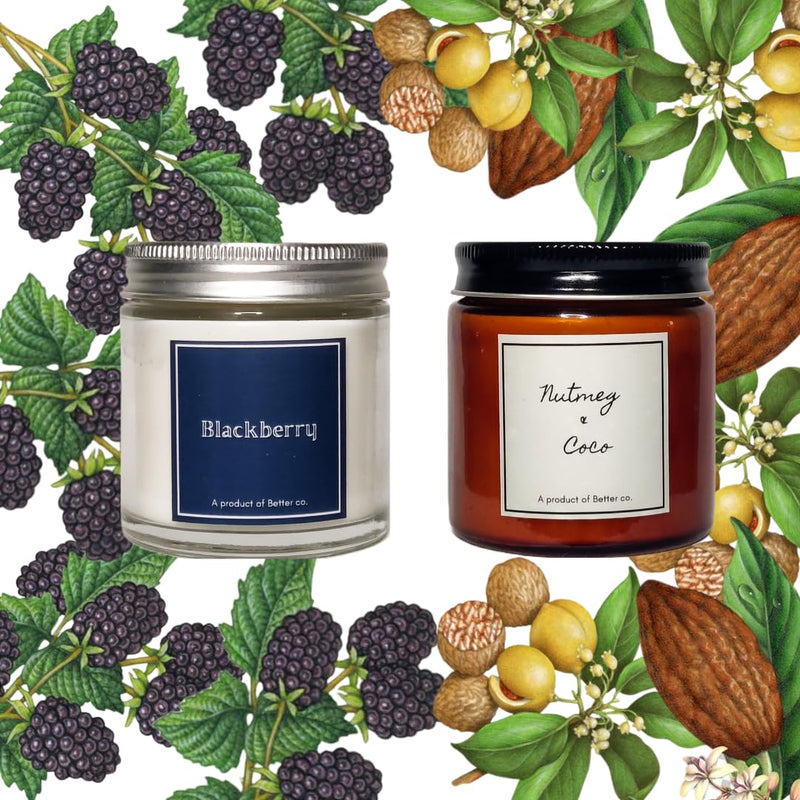 Better co Scented Soy Wax Amber Jar Candle Organic Luxury Aroma Burning Time Upto 20 Hours. Combo Pack of BlackBerry and Nutmeg + Coco.