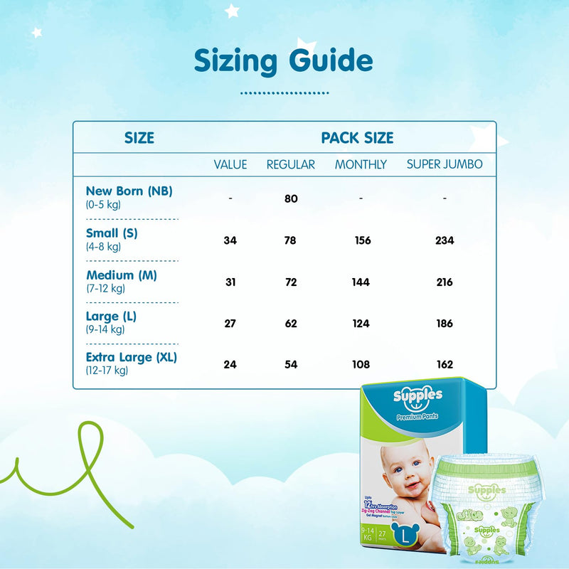 Supples Premium Diapers, Large (L), 27 Count, 9-14 Kg, 12 hrs Absorption Baby Diaper Pants