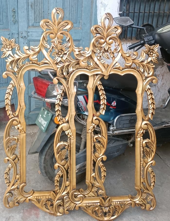 Wood Wall Carving Mirror Frame Gold Antique siz 4x2 feet