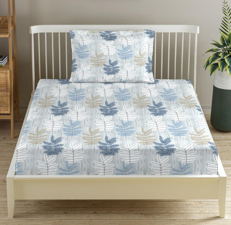 Trance Home Linen 180 TC | 100% Cotton Printed Single Bedsheet with 1 Pillow Cover | Rotary Anti Fade Printed Flat Bedsheet for Single Bed(60x100 inch | 5ft x 8.3ft - Ferns Blue)