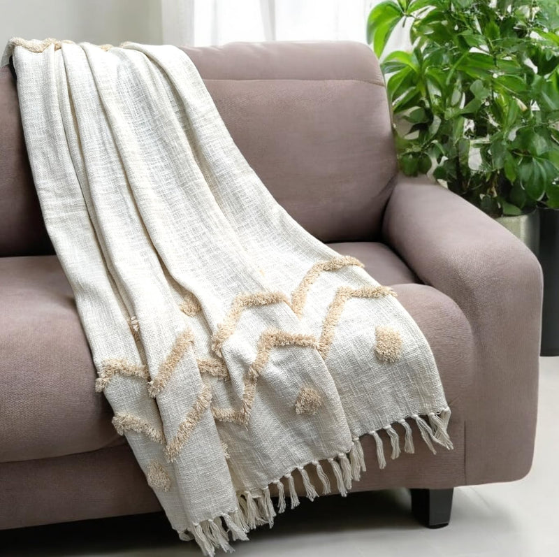 IQ INTERIOR QUOTIENT Sage White Throw Blanket for Sofa, Bed and Couch | Hand-Knitted | Sofa Throw 100% Cotton with Tassels | 150cm x 125cm | 60" x 50" | Pack of 1