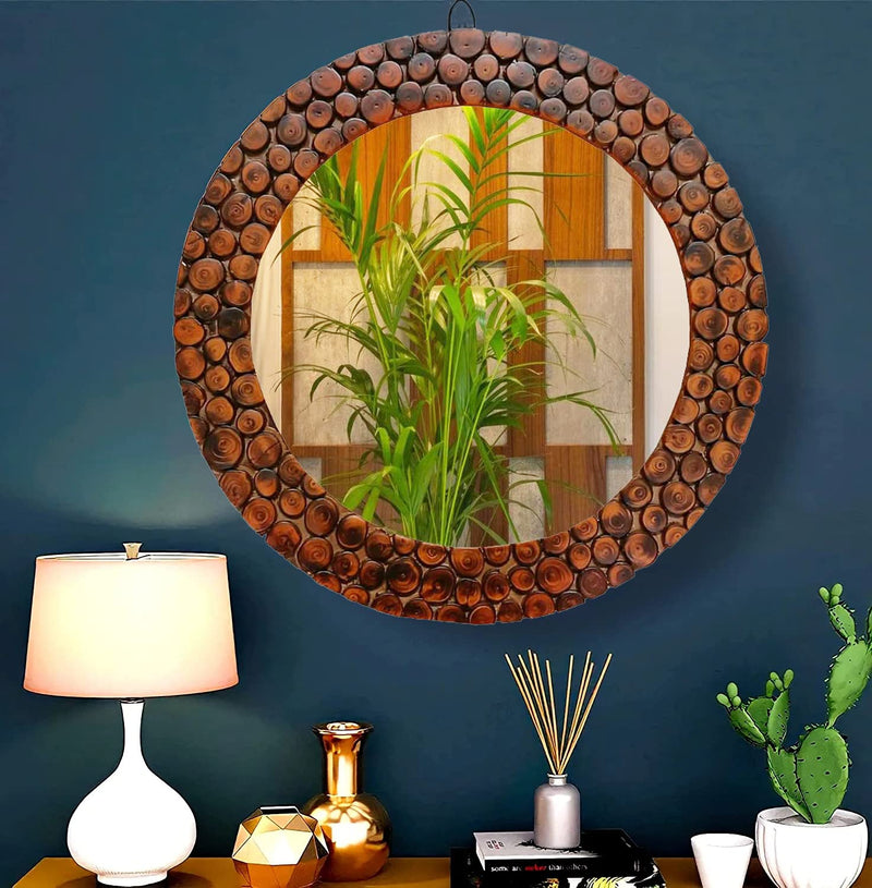 SRA Home Deco Handmade Wooden Antique Frame Round Wall-Mounted Mirror, Mirror for Bedroom, Bathroom, Living Room, Wall Basin, Study Room, Office, Brown (24 " Inches Round)