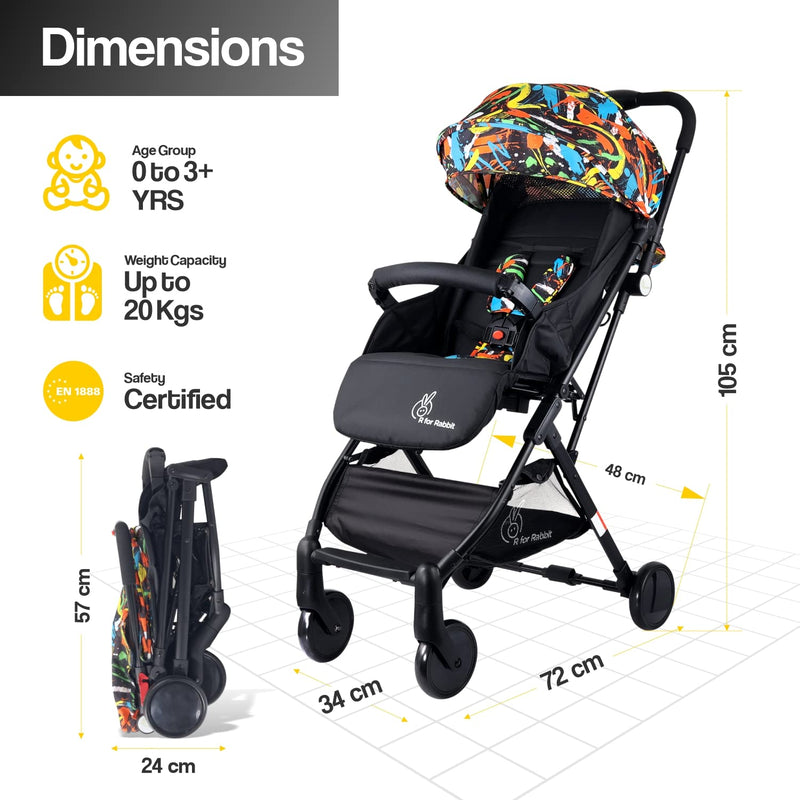 R for Rabbit Pocket Stroller Lite Baby Stroller, Portable Travel Friendly Pre Installed Baby Trolley Stroller & Pram for Newborn Babies of Age 0 to 3 Years | 6 Months Warranty | (Black Multi)