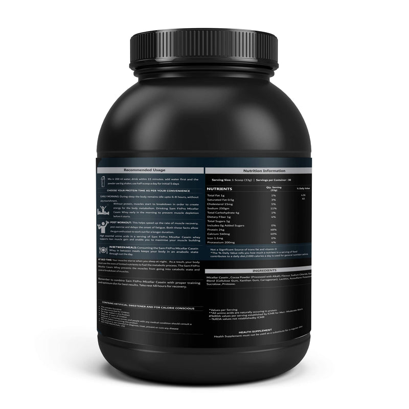 SamFit Pro Pure Micellar Casein (2.2Lbs) With Natural Stevia 26g protein per scoop | Slow-digesting anti-catabolic protein | Chocolate