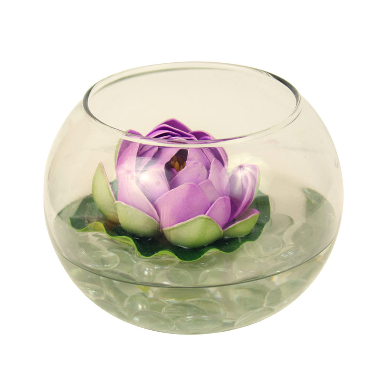 Tied Ribbons Glass Round Vessel with Faux Lotus and Natural Stones (12.49 cm x 12.49 cm x 12.49 cm), Multicolour