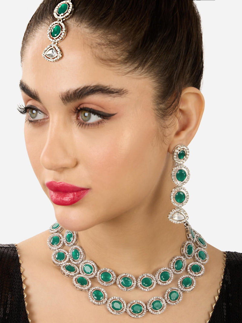 ZAVERI PEARLS Green Stones Dazzling Austrian Diamonds Layered Necklace Earring & Maangtikka Set For Women-ZPFK17569