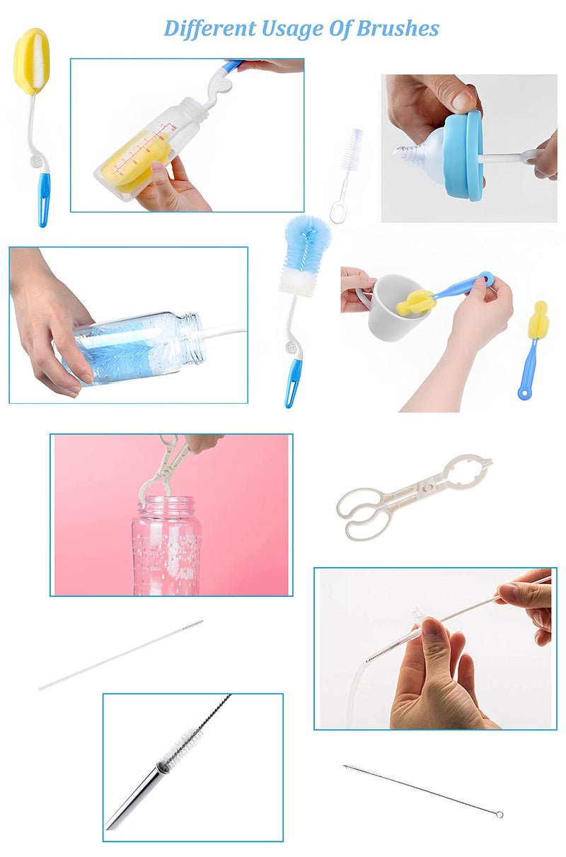 SYGA 7 Pcs Baby Milk Bottle Nipple Straw Brush Sponge BPA Free PP Cleaning Brush Cleaner Bottle Tong