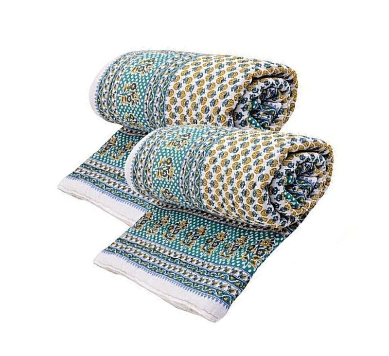 HOPEE SHOP Cotton Razai Jaipuri Floral Print Traditional Rajasthani Single Bed 210 TC Cotton Quilt/Rajai/Razai/Blanket (Blue Green Yellow) (Set of 2) (55x85 inch Size)