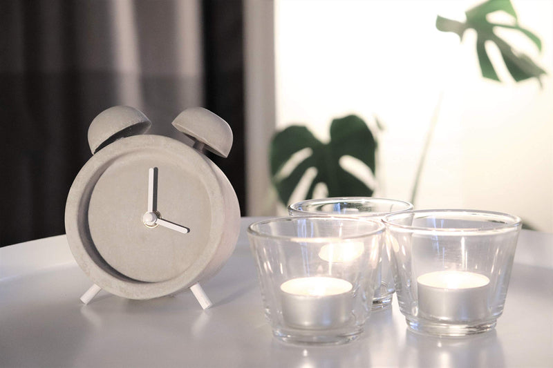 Driini Concrete Twin Bell Desk and Table Clock - Battery Operated with Precise Silent Sweep Movement. Perfect Small Clock for Guest Room, Bathroom, Living Room or Office.