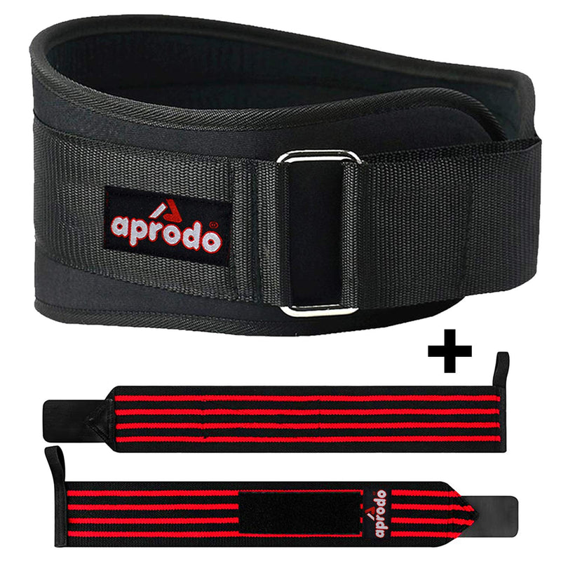 APRODO Fitness Combo Weight Lifting Belt Back Support 4.5 Inch Wide with Extra Premium Wrist Support 1 Pair for Men and Women (BLACK RED COMBO, Medium 32'' - 36'')