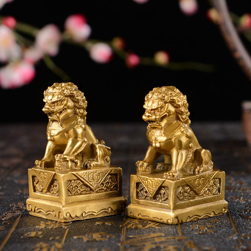 2.8in(H) Fengshui Brass Pair of Fu Foo Dogs Guardian Lion Statues Housewarming Congratulatory to Ward Off Evil Energy ZD099