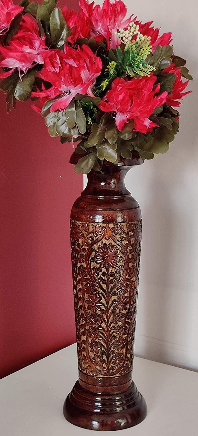 Blessing Handicrafts Antique Kashmiri Carving Flower Vase/Pot,Wood Carving Flower vase Round Shape Home Decorative Wooden Vase (20" inch) Wooden Nakkashi Pot Natural Brown Floor Decorative Item