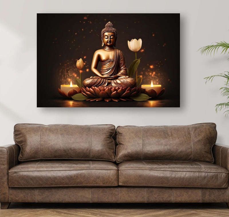 WALLMAX Wood Premium Lord Buddha Canvas Wall Art Painting For Home Living Room|Wall Decor Arts Set Of 1-(Large-32' Inch X 21' Inch), With Frame