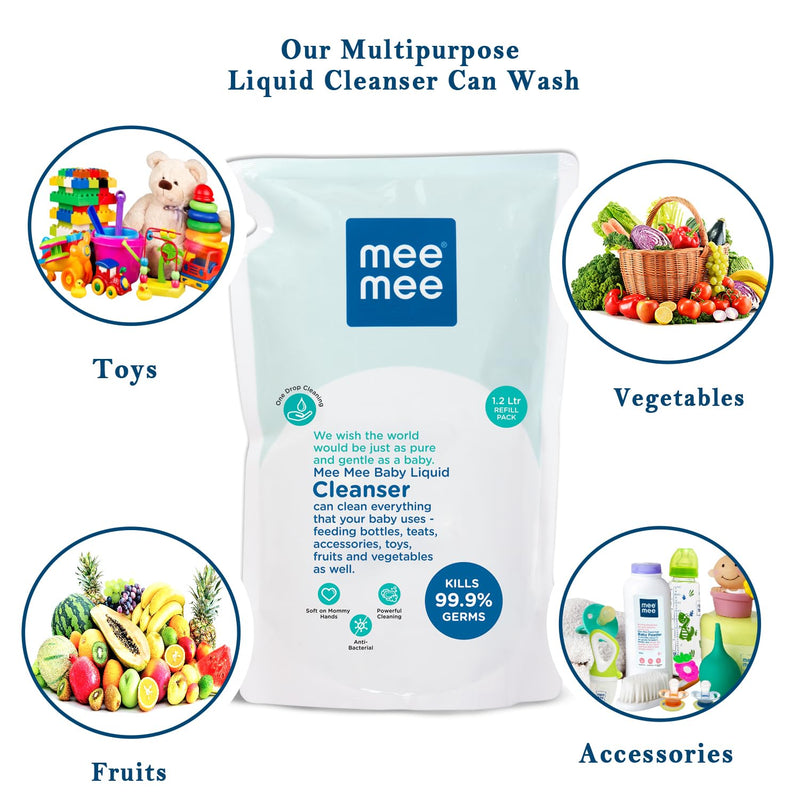 Mee Mee Anti-Bacterial Baby Liquid Cleanser 1.2 L | Kills 99.9% Germs | Feeding Bottle Cleaner Liquid vessel | nipple cleaning | milk bottle | clothes | Accessories and Toys (Refill Pack)