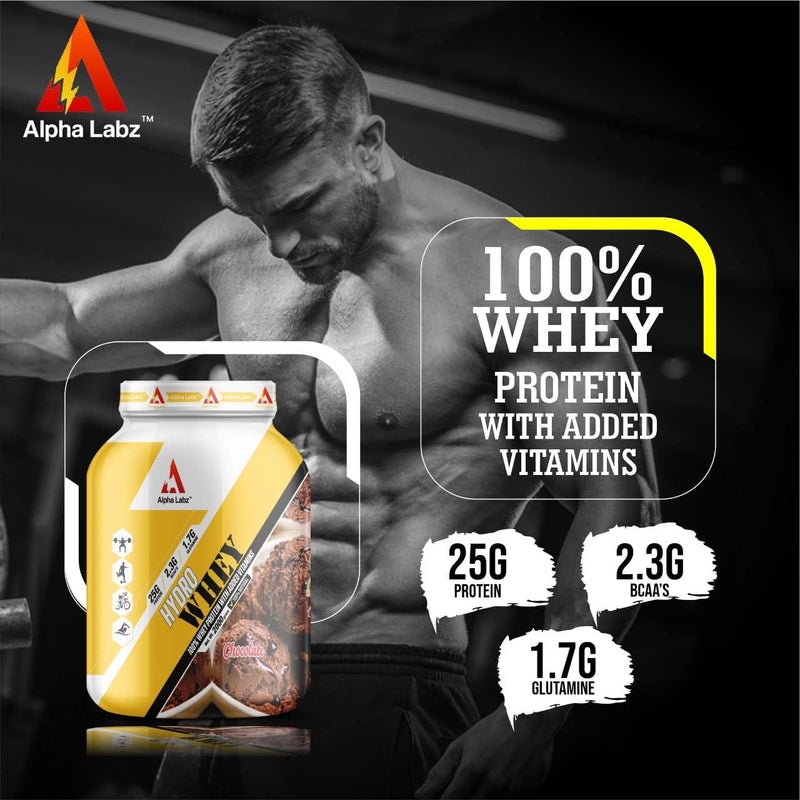 Alpha Labz Hydro Post Workout Whey Protein Concentrate Gym Supplement with Added Vitamins for Men & Women [2Kg, Chocolate] (25g Protein, 2.3g BCAA & 1.7g Glutamine)