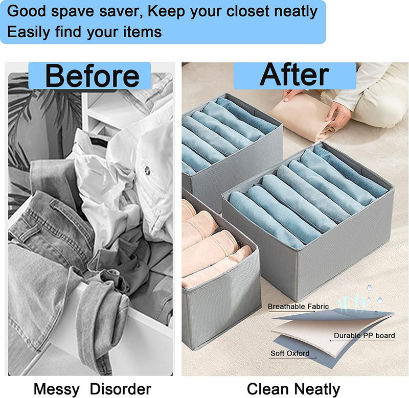 Shavi Bag 7 Grid Non Woven Wardrobe Clothes Organizer, Jeans Organizer for Wardrobe,Clothes Storage Box, Foldable Clothes Drawer Organizer for Wardrobe, Dresses, T-shirts (Pack of 3, Grey)