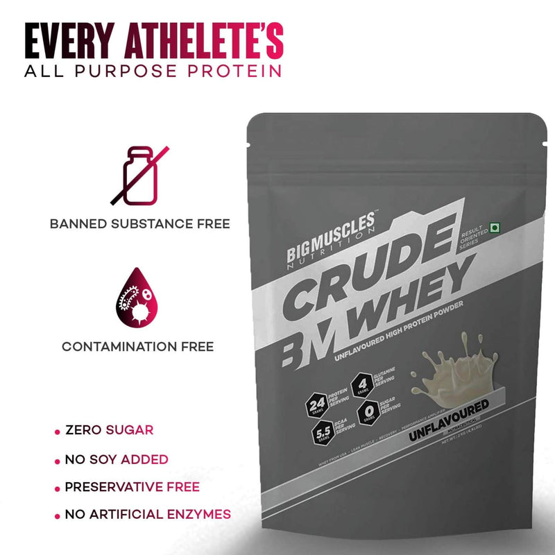 Bigmuscles Nutrition Crude Whey Unflavoured Protein Powder 1kg | US FDA REGD. BRAND | 24g Protein, 5.5g BCAA, 4 g Glutamine