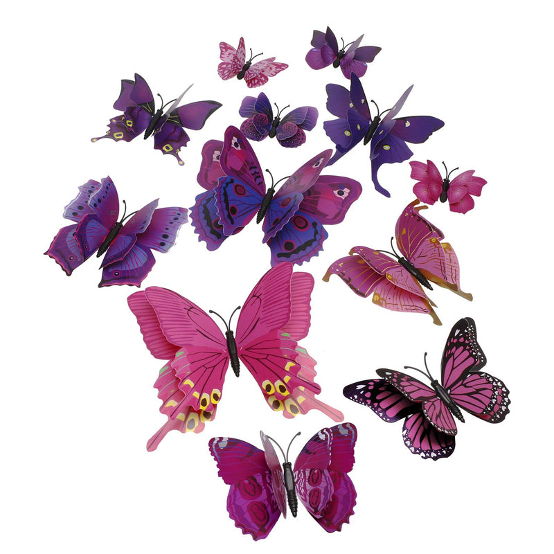 Tupalizy 12PCS Vibrant Double Wings 3D Butterfly Wall Stickers Decals DIY Art Crafts Decorations for Windows Refrigerator Kids Girls Baby Bedroom Classroom Bathroom Home Office Birthday Party (Purple)