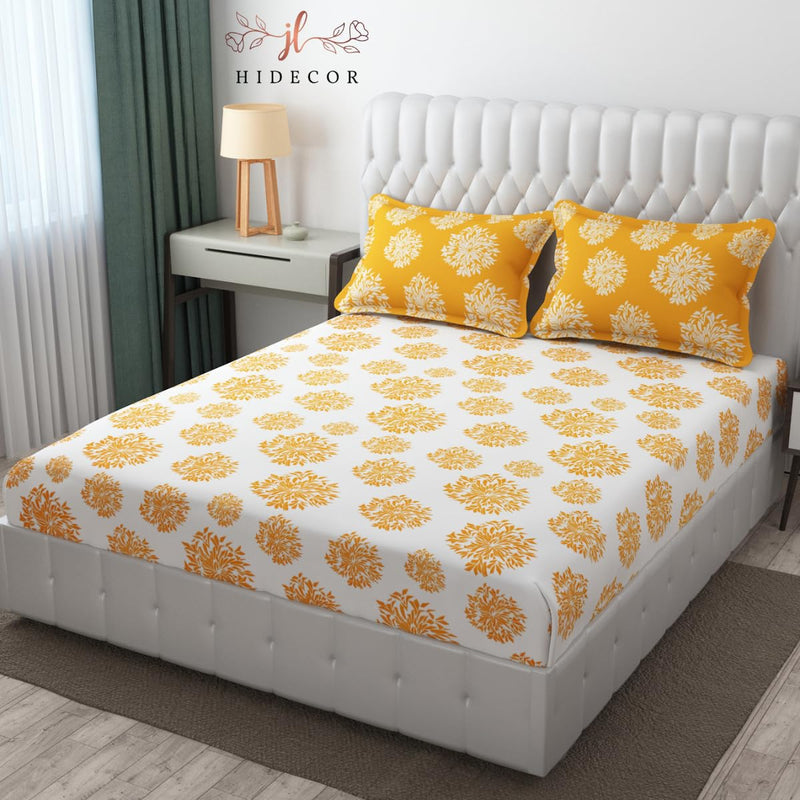 Super Soft Cotton Printed One Double Bedsheet with 2 Pillow Cover (White & Yellow)