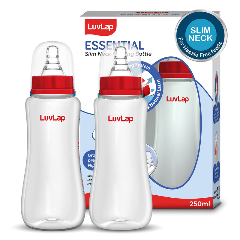 LuvLap Anti-Colic Slim/Regular Neck Essential Baby Feeding Bottle, 250ml (Pack of 2,transparent), New Born/Infants/Toddler Upto 3 Years, BPA Free